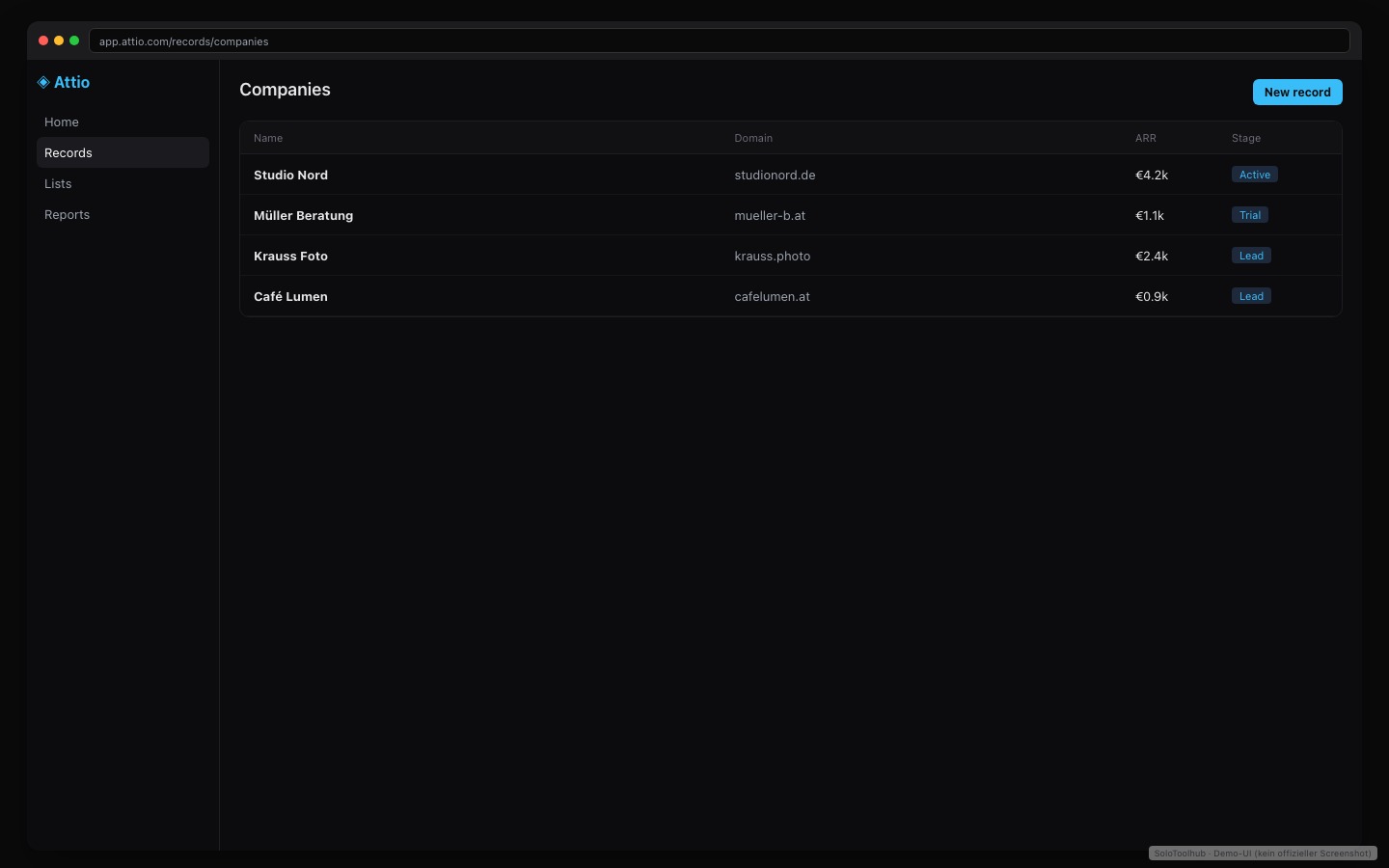 Attio – Dashboard · Arbeitsansicht (Demo-UI mit Freelancer-Demodaten, kein offizieller Screenshot)