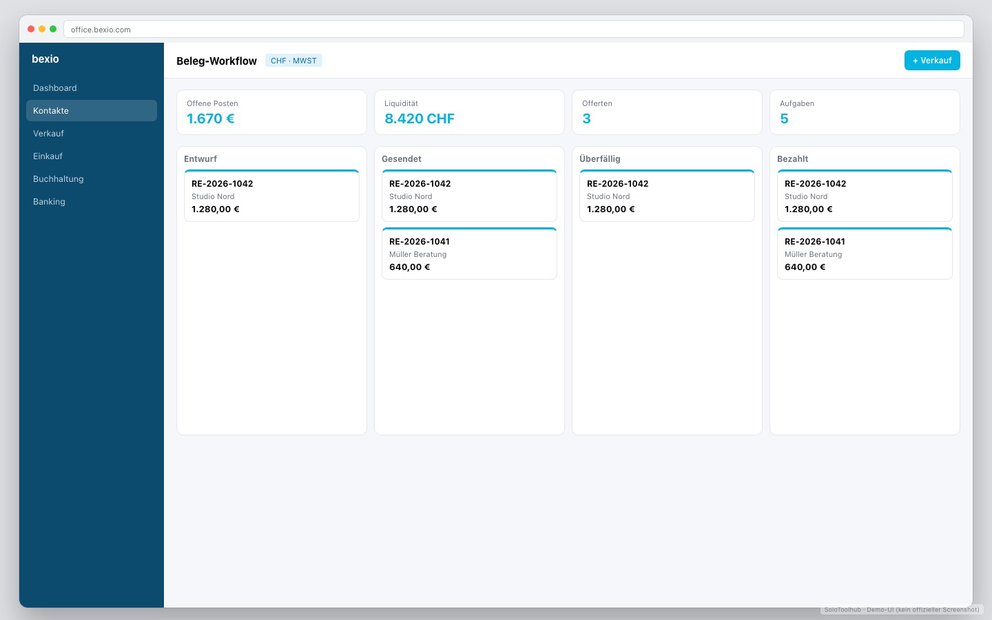bexio – Board / Workflow (Demo-UI mit Freelancer-Demodaten, kein offizieller Screenshot)