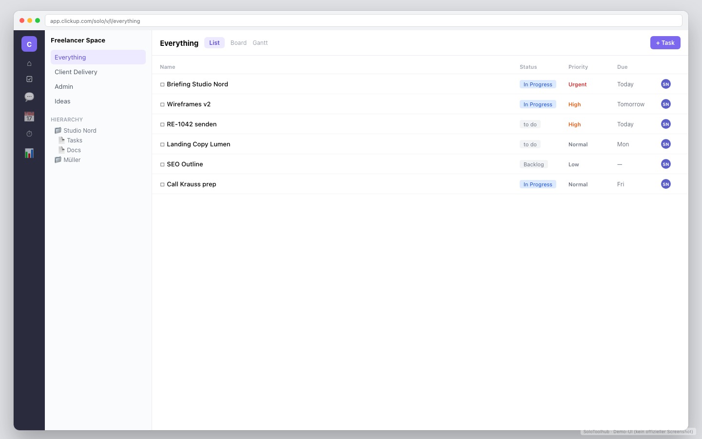 ClickUp – Board / Workflow (Demo-UI mit Freelancer-Demodaten, kein offizieller Screenshot)
