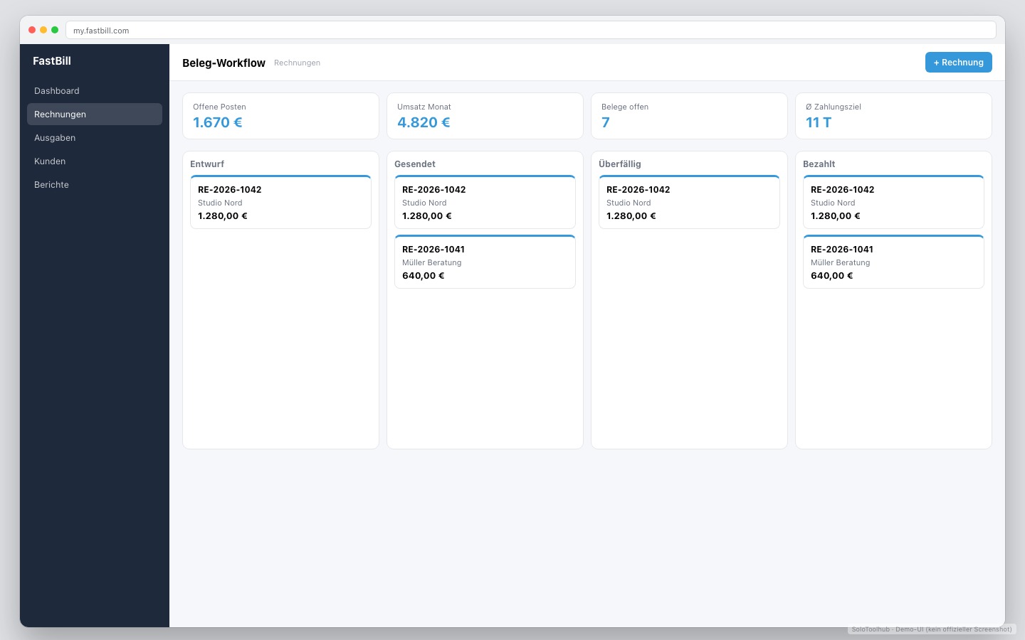 FastBill – Board / Workflow (Demo-UI mit Freelancer-Demodaten, kein offizieller Screenshot)