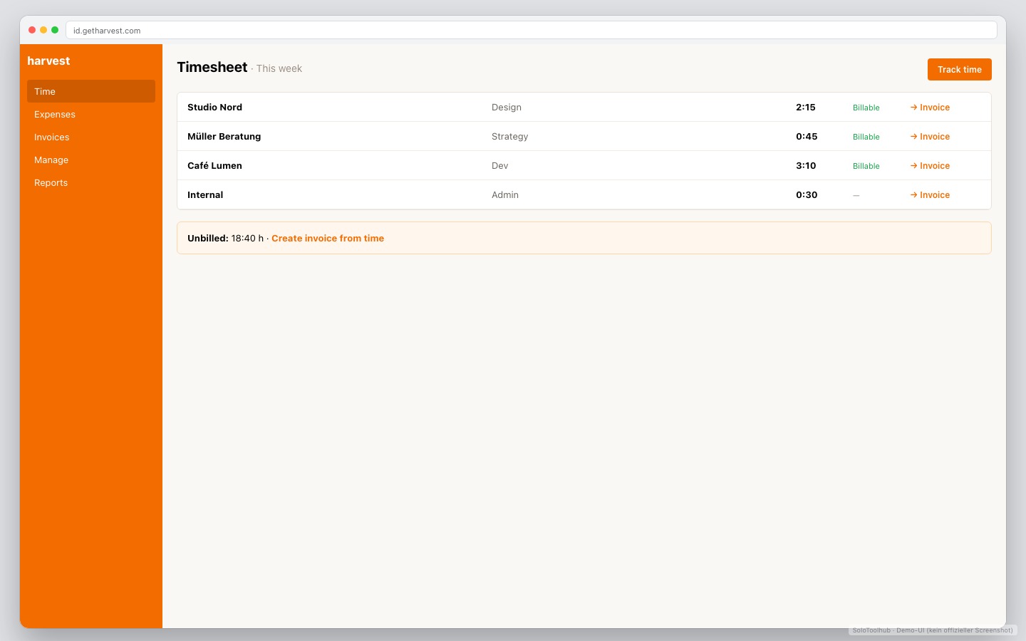 Harvest – Dashboard · Arbeitsansicht (Demo-UI mit Freelancer-Demodaten, kein offizieller Screenshot)