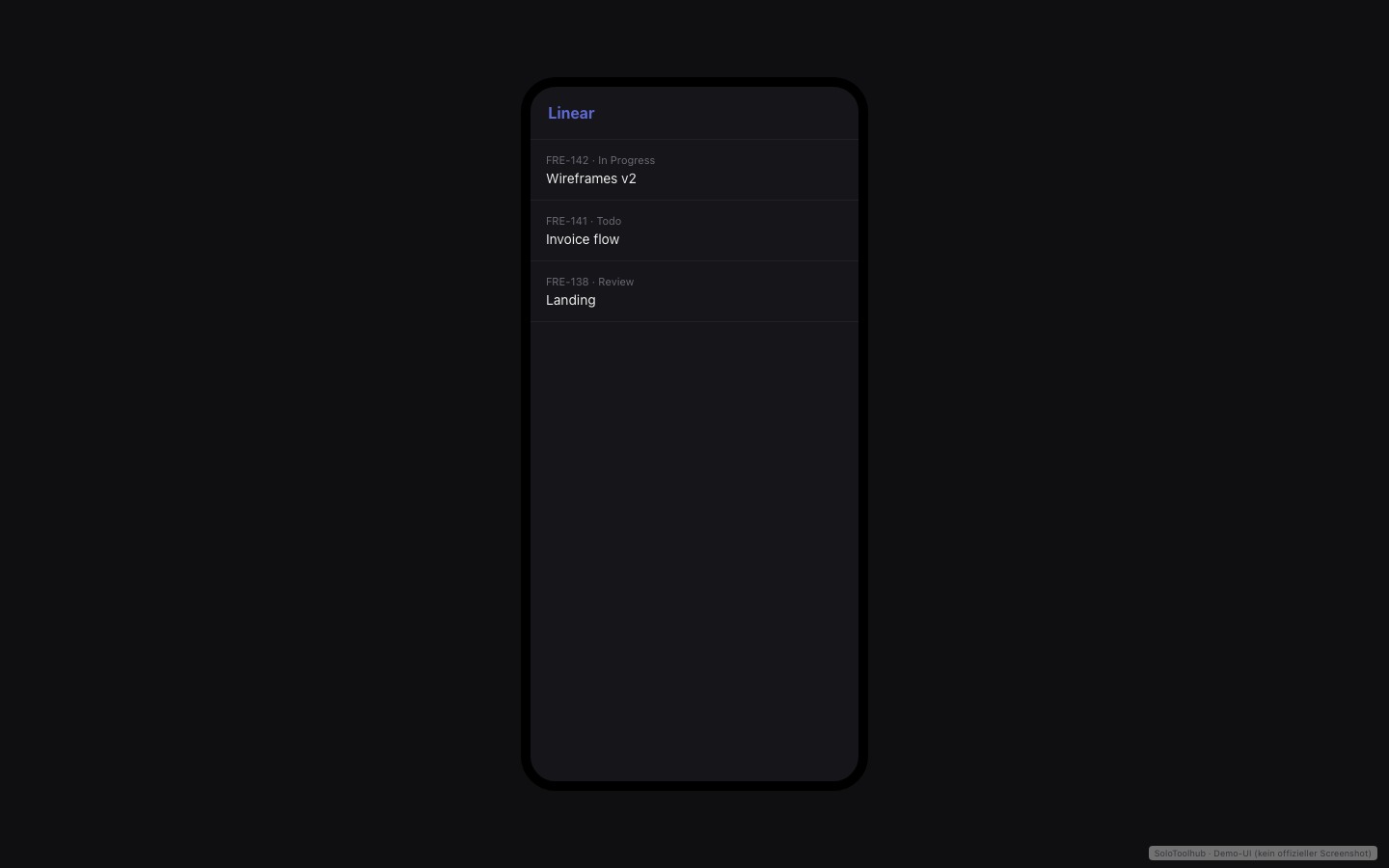 Linear – Mobile (Demo-UI mit Freelancer-Demodaten, kein offizieller Screenshot)