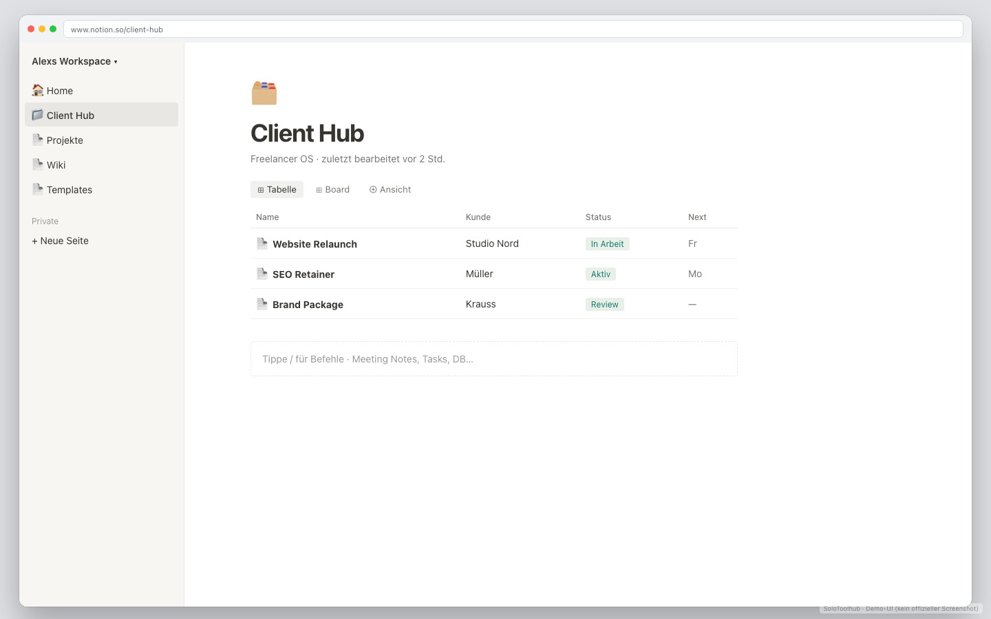Notion – Dashboard · Arbeitsansicht (Demo-UI mit Freelancer-Demodaten, kein offizieller Screenshot)