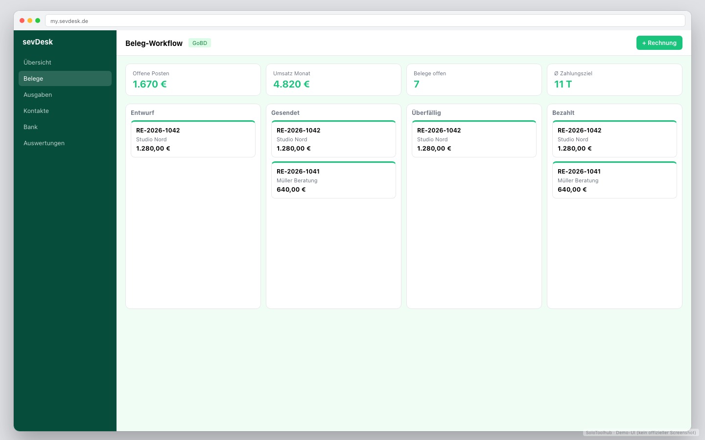 sevDesk – Board / Workflow (Demo-UI mit Freelancer-Demodaten, kein offizieller Screenshot)
