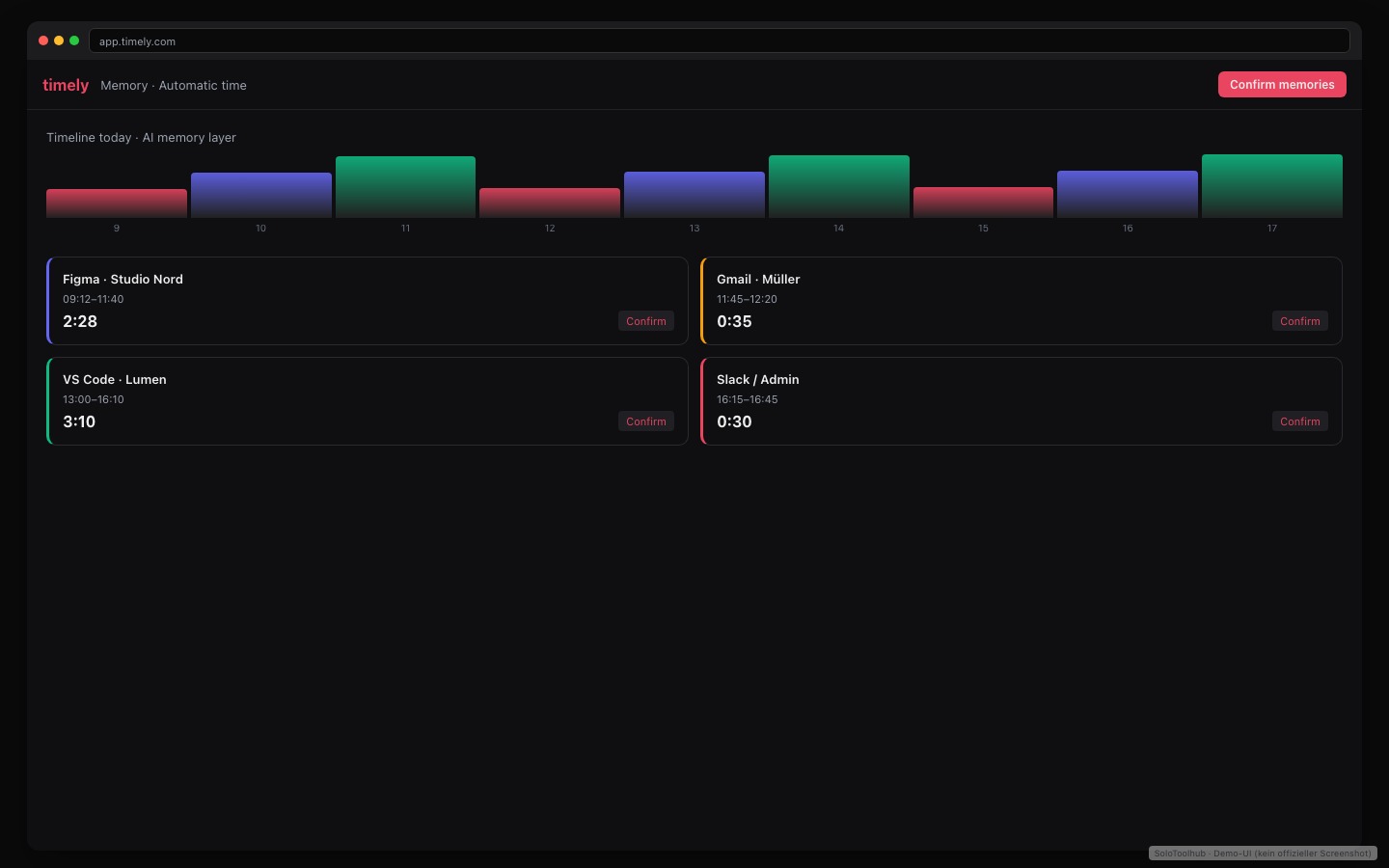Timely – Board / Workflow (Demo-UI mit Freelancer-Demodaten, kein offizieller Screenshot)