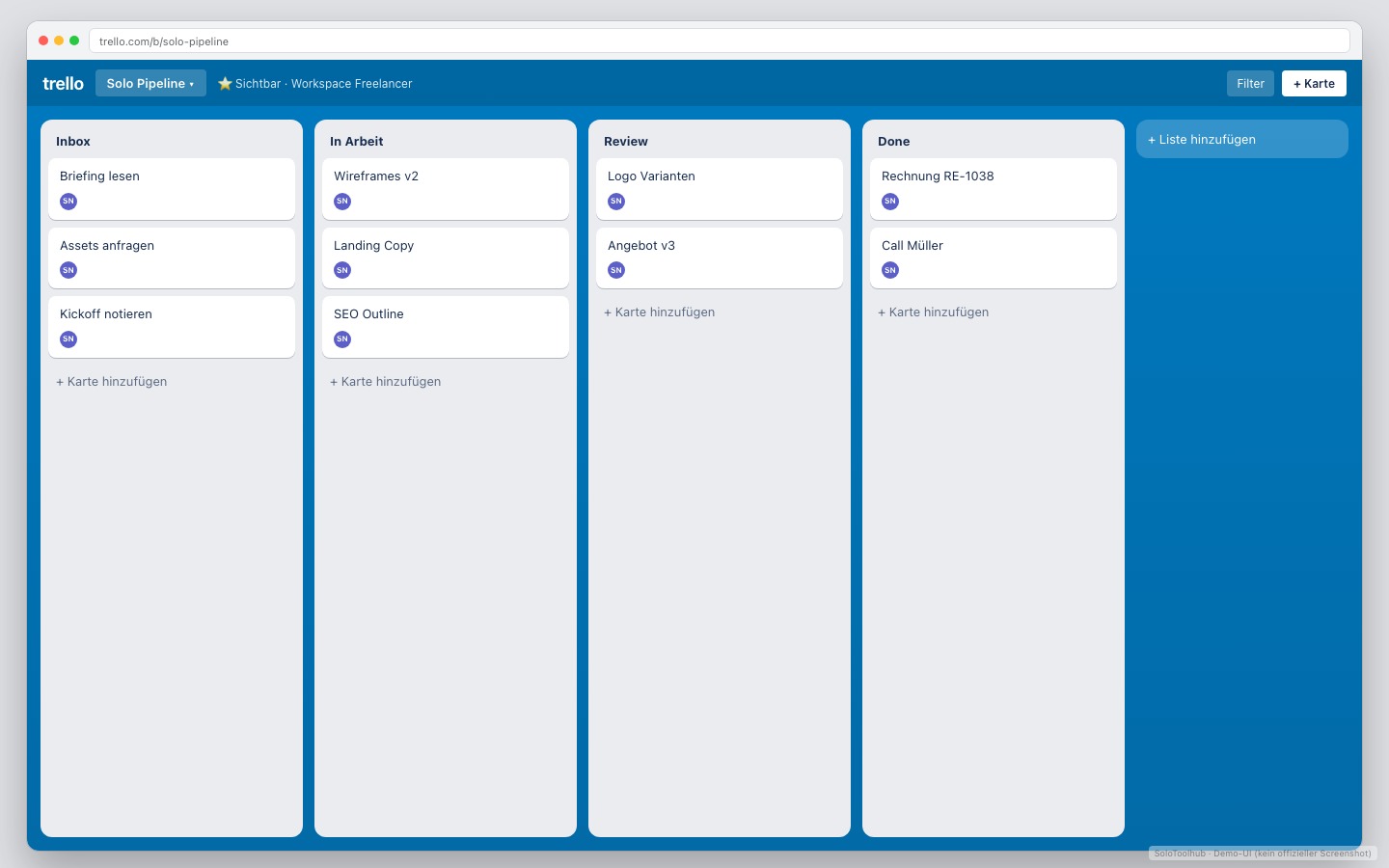 Trello – Board / Workflow (Demo-UI mit Freelancer-Demodaten, kein offizieller Screenshot)